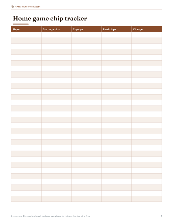 Preview of Printable Poker Chip Tracker Chart